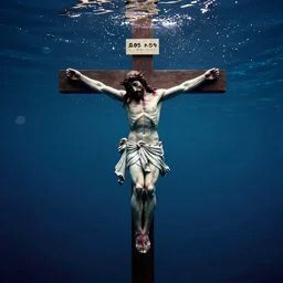 portrait photograph of Jesus on cross underwater,super resolution. 85 mm f1.8 lens.bokeh.graflex. Alessio albi