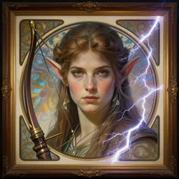 character concept portrait, head-on centralized, elf archer. Framed. Detailed, high quality, dynamic lightning, fantasy. . Artwork by artgerm, WLOP, alex ross, Mucha