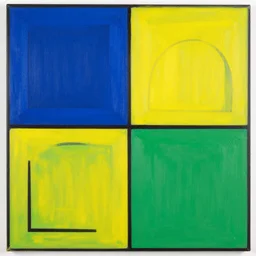 painting of forms ( blue, yellow, green ) divided by black lines
