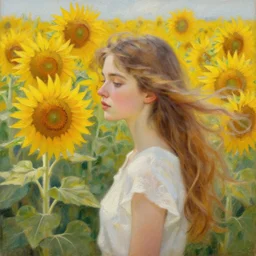 a girl in amazing tall sunflower field, her hair flowing down, subtle, intricate details, real masterpiece, oil on canvas, by leonid afremov