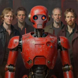 friendly humanoid fire robot, award winning, portrait bust, symmetry, faded red colors, cypherpunk background, tim hildebrandt, wayne barlowe, bruce pennington, donato giancola, larry elmore, masterpiece, trending on artstation, cinematic composition, beautiful lighting, hyper detailed!!!, 8 k, oil on canvas