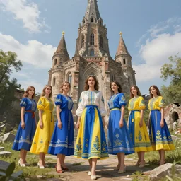 group of ukrainian girls with blue and yellow clothes near big ruined burget, concept art, trending on artstation, highly detailed, intricate, sharp focus, digital art, 8 k