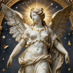 saint Woman Venus Athena beautiful gracious baroque marble and gold in space sistina stars winged butterflies greeks