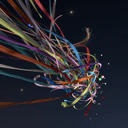 trillions of thin ribbons of colorful fabric unravel, twist, and whirl chaotically in strong winds across a dark night sky, unreal engine