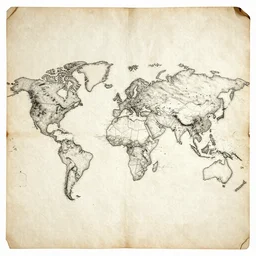 1800s map of the world, parchment, high contrast, high detail