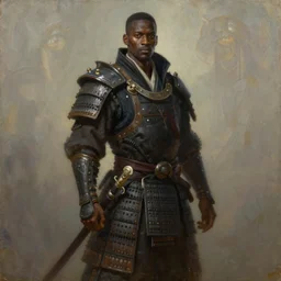 a full body fantasy portrait oil painting illustration of an African samurai by Justin Sweet and Greg Rutkowski and Alphonse Mucha with face and body clearly visible, visible pupils, d&d, rpg, forgotten realms, artstation trending, high quality, sombre mood, artstation trending, muted colours, no crop, entire character!,
