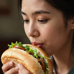 closeup headshot photo of the woman passionately tasting the best banh mi, detailed face details