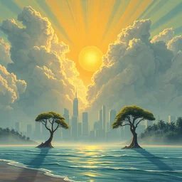 large city, clouds, sun blow up, lucid, dream, flux, volumetric lighting, near the beach, big trees by mc escher, colorized by salvador ross