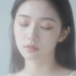photorealistic portrait of a beautiful young woman, very blurry!!!, out of focus!!!!, translucent stone white skin, closed eyes, foggy, closeup