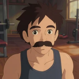 animation still frame of a french athlete with a mustache, high angle closeup portrait, blurry background of a gym room, disney, pixar, bloom, medium shot, dramatic lighting, in the style of studio ghibli, j. c. leyendecker, greg rutkowski, artgerm