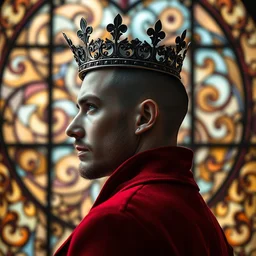 side - view portrait of a man wearing a metal crown, buzzcut, stubble, wears a red coat, gothic stained glass window, shiny swirly background, very masterful, royal, backlit