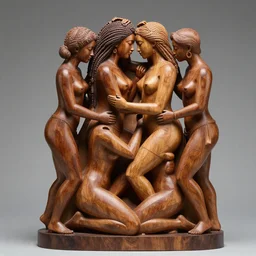 intricate wood sculpture of beautiful racially diverse people caressing sensually