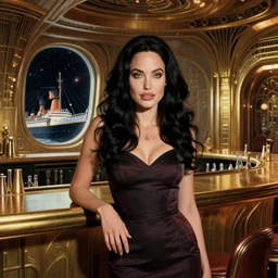 beautiful woman with long wavy curly black hair and green eyes, resembling megan fox and angelina jolie. wearing a cocktail dress. she is in the bar of the atlantis paradise, a retro futuristic spaceship made of brass bronze gold, art deco influence, hotel style design. bioshock, starship titanic. outside the window space and stars can be seen. clean, well composed painting by artger