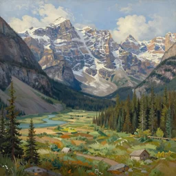 a beautiful panoramic landscape painting of banff national park. by asher brown durand and marc simonetti, trending on artstation hq 8k