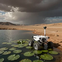 A rover at the edge of a lake, with lily pads, on the Martian surface