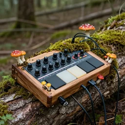 a nature photograph of an krganic roland sp 4 0 4 sampler made out of bark, wood, colorful mushrooms and moss growing out of a fallen log. knobs, cables and square drum pads
