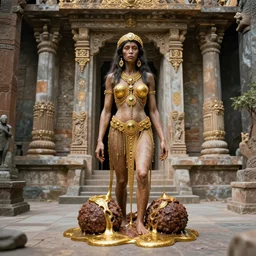 “ surrealistic full body photo of a very primitive pre-human Neanderthal woman melted in a meatball gold jewel like a mitological temple ,anthropology photography, color kodakcrhome 64,National Geographic ”