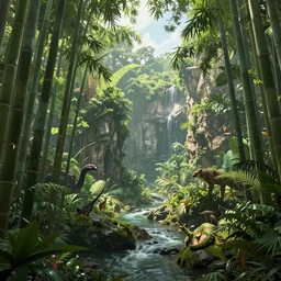 beautiful render of a jungle world, unreal engine, first light, bamboo groves, streams, rocky ravines, exotic animals, river, soft light, by greg rutkowski, cgsociety