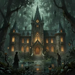 a magic school built inside of a haunted swamp, creepy fantasy ambience, d & d, fantasy, intricate, cinematic lighting, highly detailed, digital painting, artstation, concept art, smooth, sharp focus, illustration, art by artgerm and greg rutkowski and alphonse mucha