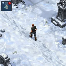 a man walking on the snow field, baldur's gate, view from above, 2 d game screenshot