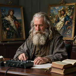 A bearded wizard uses radio equipment at a desk cluttered with tomes, oil painting by Greg Rutkowski