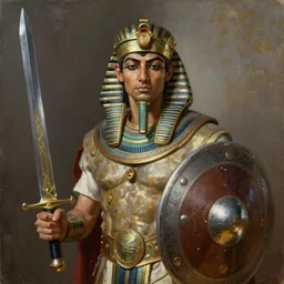 an roman/egyptian knight wielding a magical sword and shield detailed realistic HD 8k High Resolution face character portrait, oil on canvas