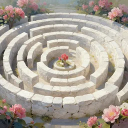 Labyrinth made of white stones. Lighting, bloom. Fantasy, digital painting, HD, 4k, detailed, vibrant.