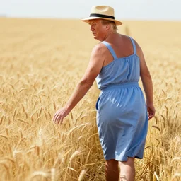 a magazine photo of Donald Trump wearing a sundress and straw hat, walking through a field of wheat, his hand grazing on the wheat as he walks by, glancing over his shoulder, shot from behind, three quarter portrait