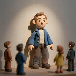 plasticine model of stop motion figures clay. minimal. tilt shift. visitors. photorealistic. john craxton. small hole in wall
