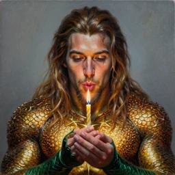 intricate five star portrait of aquaman blowing the candle at his birthday, oil on canvas, hdr, high detail, photo realistic, hyperrealism, matte finish, high contrast, 3 d depth, centered, masterpiece, grainy, muted colors, enhanced light effect, enhanced eye detail, artstationhd
