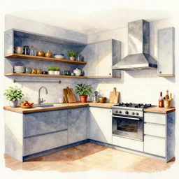 a hiper intricate watercolor of a beatiful modern kitchen, extremely detailed, sharp focus, wide view, detailed rought paper, digital illustration, colorfull, by william turner art, by greg rutowski, by carl larson, by edmund dulac