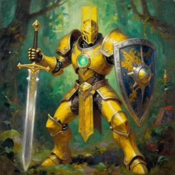 full body, attack position abstract painting in lush fantasy environment of a ornate holy mechanical warforged with circular glowing eye, character in yellow armor holding a legendary paladin engraved holy great longsword and carrying a huge heavy paladin shield, vertically flat head, face in focus, epic , trending on ArtStation, masterpiece,  cinematic lighting, by Ross Tran, by Greg Rutkowski, by Christopher Balaskas