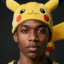 a bald black man with a pikachu hat, close up