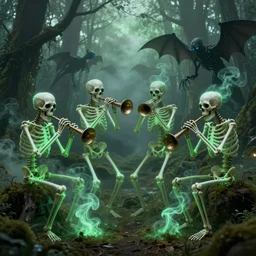 four skeletons made of green magic luminous smoke are playing musical instruments. the background is misty forest, full of green swirling smoke, harry potter, death eaters, dementors, craig mullins, albert bierstadt, greg rutkowski, tarkovski, realistic, highly detailed, artstation, early morning, atmospheric, aestetic, moody