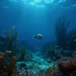 Alien fish swimming at the bottom of an ocean on an alien world, plant life around, azure water, cinematic perspective, underwater,
