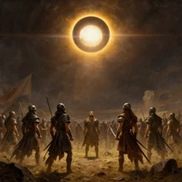 warriors on an ancient battlefield stop and look up as a total solar eclipse dominates the sky, 5 0 0 bc. beautiful painting by artgerm and greg rutkowski