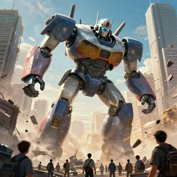 A large imposing robot with a paintbrush destroying a city, looking down at the people below, digital art, movie poster