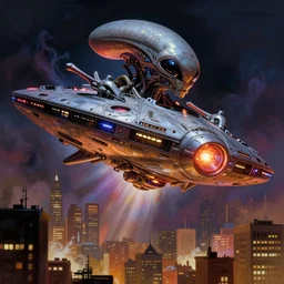 shiny extraterrestrial spaceship landing in new york city, in the style of frank frazetta and h. r. giger, ultra realistic, atmosphere, glow, detailed, intricate, colorful, cinematic lighting, trending on artstation, 4 k, hyper - realistic, immersed, extreme details, cinematic, masterpiece