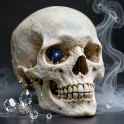 a beautiful cthulhu skull with multiverses and galaxies inside. a small ornament of precious crystals growing from bones. glass and smoke. subject photography. macro. soft key. octane render, zbrush. high detail