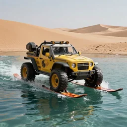 mad max vehicle with skis as wheels driving on water on a desert lagoon, cinematic, intricate lighting, atmosphere, highly detailed, sharp focus, movie still
