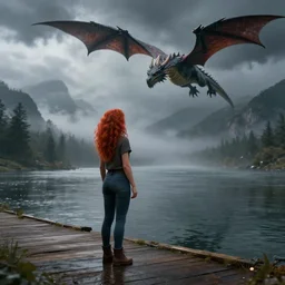 a woman with curly long redhair standing in a boardwalk on top of a river looking at a dragon flying out of the mountains in a fog during a thunderous weather. Unreal Engine 3D Render