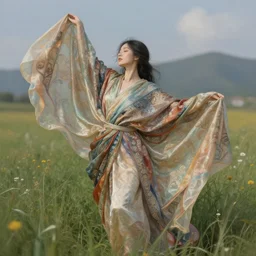 a girl in an artistic pose covered in silk intricate elegant cloths surrounded by beautiful meadows, highly detailed digital painting _ - h _ 1 0 2 4