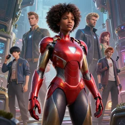 highly detailed an african american woman in with the ironman random suit from the future gta v, stephen bliss, unreal engine, fantasy art by greg rutkowski, loish, rhads, ferdinand knab, makoto shinkai and lois van baarle, ilya kuvshinov, rossdraws, tom bagshaw, global illumination, radiant light, detailed and intricate environment