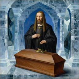 portrait of an alchemist at a funeral with infinity mirror in the ice palace. painting by jan van eyck
