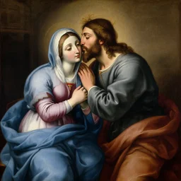 an oil panting of a jesus kissing maria maddalena