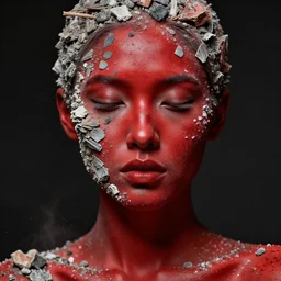 female model face, completely red skin, face made of fragments of ash, fashion shooting, 85mm lens, dust particles