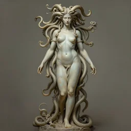 ''full body portrait of medusa, diffuse lighting, fantasy, intricate, elegant, highly detailed, lifelike, photorealistic, digital painting, artstation, illustration, concept art, smooth, sharp focus, naturalism, trending on byron's - muse, by greg rutkowski and greg staples and alphonse mucha