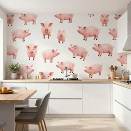 modern kitchen wallpaper design. expensive. piggy pattern.