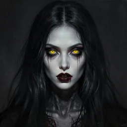 a woman with yellow eyes and black hair, a detailed matte painting by basuki abdullah, deviantart, gothic art, demonic photograph, horror film, dark