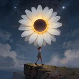 giant white daisy flower as head, girl walking on cliff, surreal photography, solar eclipse, milky way, dramatic light, impressionist painting, clouds, digital painting, artstation, james gilleard, liam wong, jeremy mann, simon stalenhag